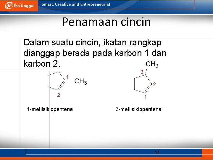 Penamaan cincin Dalam suatu cincin, ikatan rangkap dianggap berada pada karbon 1 dan karbon