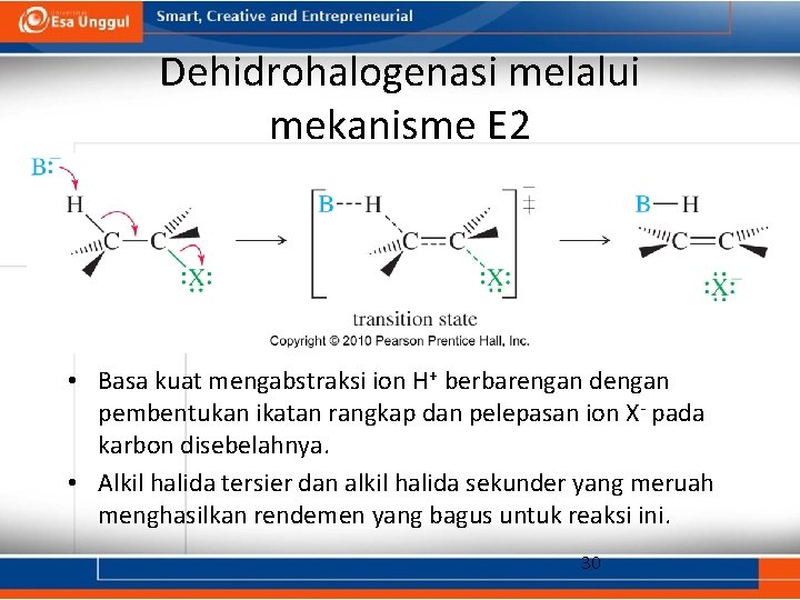 Dehidrohalogenasi melalui mekanisme E 2 • Basa kuat mengabstraksi ion H+ berbarengan dengan pembentukan