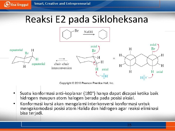 Reaksi E 2 pada Sikloheksana • Suatu konformasi anti-koplanar (180°) hanya dapat dicapai ketika