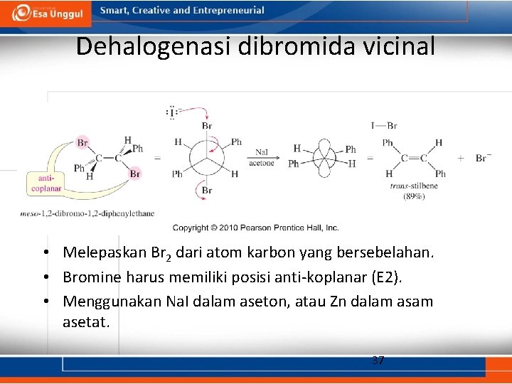 Dehalogenasi dibromida vicinal • Melepaskan Br 2 dari atom karbon yang bersebelahan. • Bromine