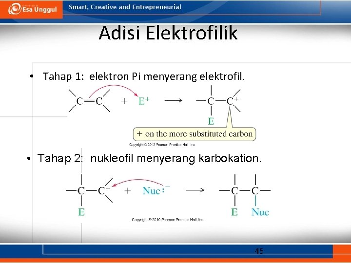 Adisi Elektrofilik • Tahap 1: elektron Pi menyerang elektrofil. • Tahap 2: nukleofil menyerang