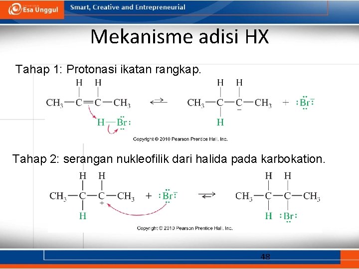 Mekanisme adisi HX Tahap 1: Protonasi ikatan rangkap. Tahap 2: serangan nukleofilik dari halida