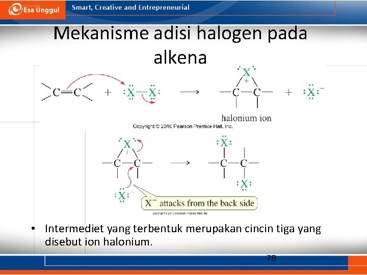 Mekanisme adisi halogen pada alkena • Intermediet yang terbentuk merupakan cincin tiga yang disebut