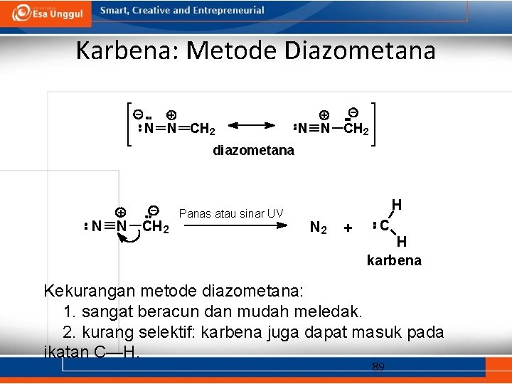 Karbena: Metode Diazometana N N CH 2 diazometana N N CH 2 Panas atau