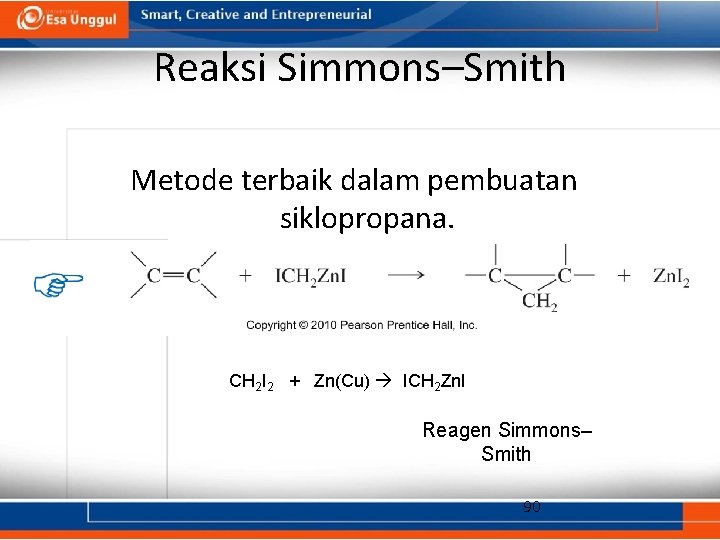 Reaksi Simmons–Smith Metode terbaik dalam pembuatan siklopropana. CH 2 I 2 + Zn(Cu) ICH