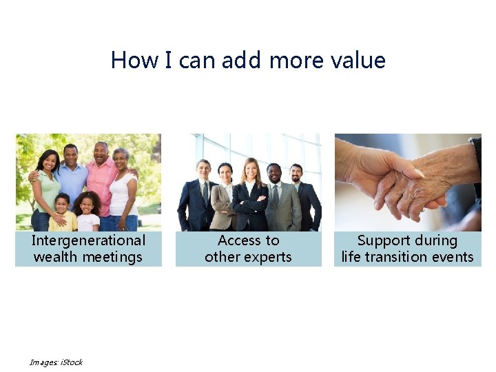 How I can add more value Intergenerational wealth meetings Images: i. Stock Access to