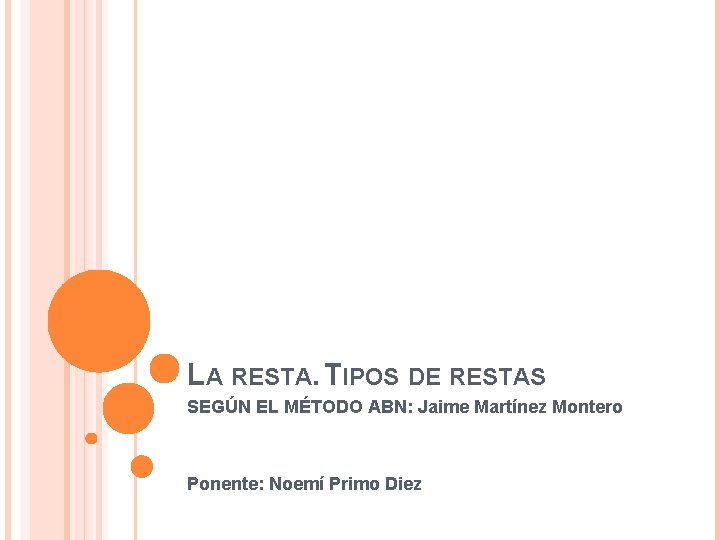 LA RESTA. TIPOS DE RESTAS SEGÚN EL MÉTODO ABN: Jaime Martínez Montero Ponente: Noemí LA RESTA. TIPOS DE RESTAS SEGÚN EL MÉTODO ABN: Jaime Martínez Montero Ponente: Noemí