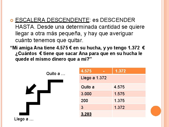 ESCALERA DESCENDENTE: es DESCENDER HASTA. Desde una determinada cantidad se quiere llegar a ESCALERA DESCENDENTE: es DESCENDER HASTA. Desde una determinada cantidad se quiere llegar a