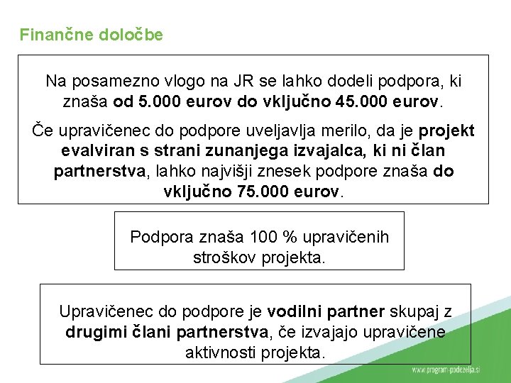 Finančne določbe Na posamezno vlogo na JR se lahko dodeli podpora, ki znaša od