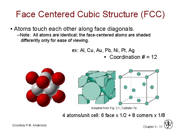 Face Centered Cubic Structure (FCC) • Atoms touch each other along face diagonals. --Note: