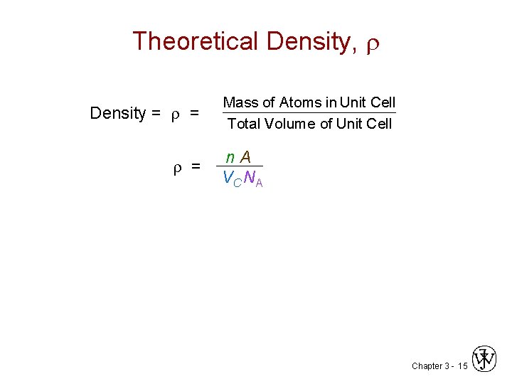 Theoretical Density, Density = = = Mass of Atoms in Unit Cell Total Volume