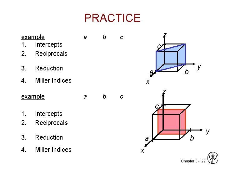 PRACTICE example 1. Intercepts 2. Reciprocals z a b c c 3. Reduction example
