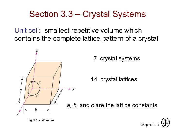 Section 3. 3 – Crystal Systems Unit cell: smallest repetitive volume which contains the