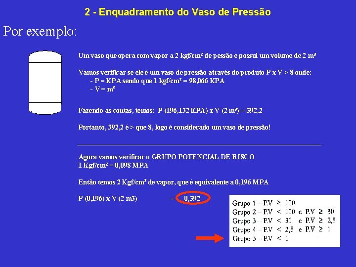 2 Enquadramento do Vaso de Pressão Por exemplo: Um vaso que opera com vapor