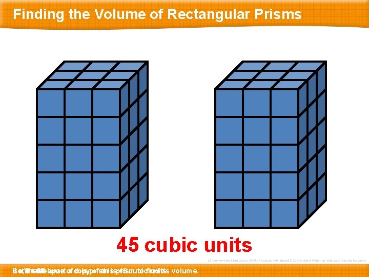 Finding the Volume of Rectangular Prisms 45 cubic units Let’s So, 6 x 3