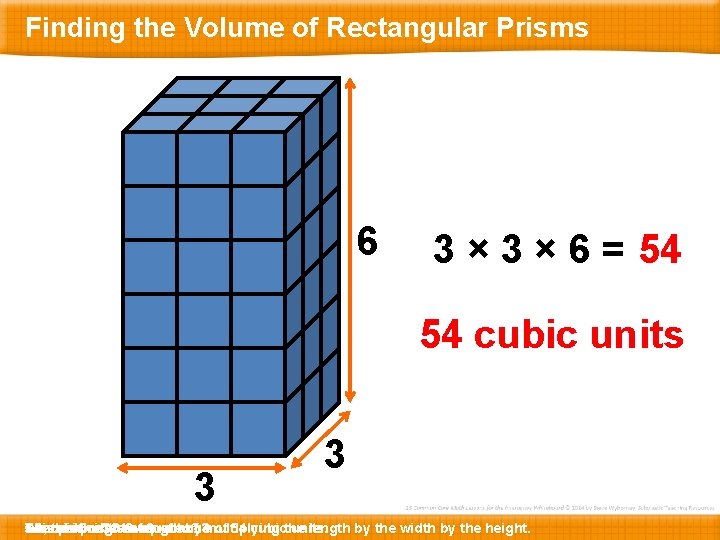 Finding the Volume of Rectangular Prisms 6 3 × 6 = 54 54 cubic