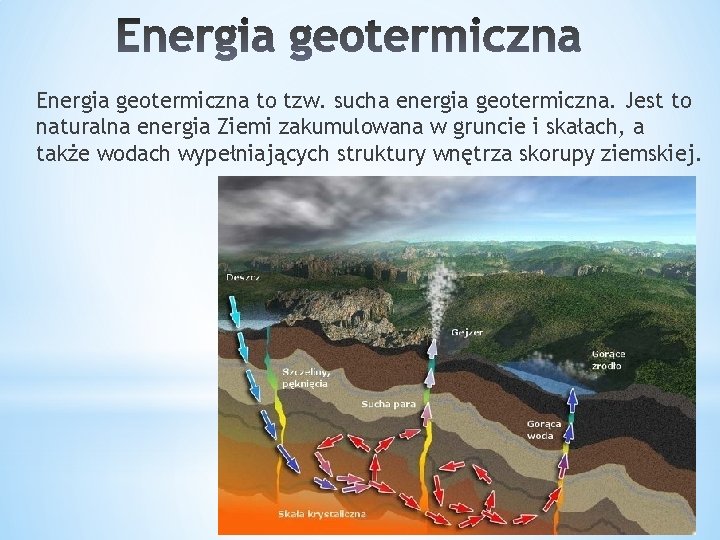 Energia geotermiczna to tzw. sucha energia geotermiczna. Jest to naturalna energia Ziemi zakumulowana w Energia geotermiczna to tzw. sucha energia geotermiczna. Jest to naturalna energia Ziemi zakumulowana w
