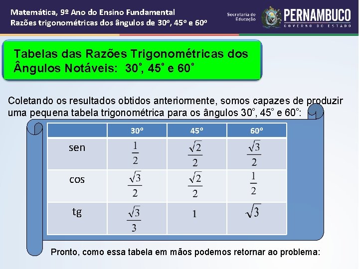 Matemática, 9º Ano do Ensino Fundamental Razões trigonométricas dos ângulos de 30 o, 45 Matemática, 9º Ano do Ensino Fundamental Razões trigonométricas dos ângulos de 30 o, 45