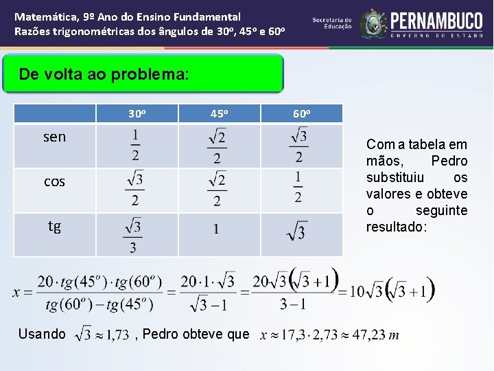 Matemática, 9º Ano do Ensino Fundamental Razões trigonométricas dos ângulos de 30 o, 45 Matemática, 9º Ano do Ensino Fundamental Razões trigonométricas dos ângulos de 30 o, 45