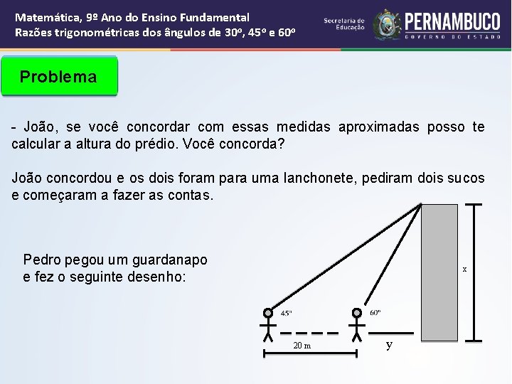 Matemática, 9º Ano do Ensino Fundamental Razões trigonométricas dos ângulos de 30 o, 45 Matemática, 9º Ano do Ensino Fundamental Razões trigonométricas dos ângulos de 30 o, 45