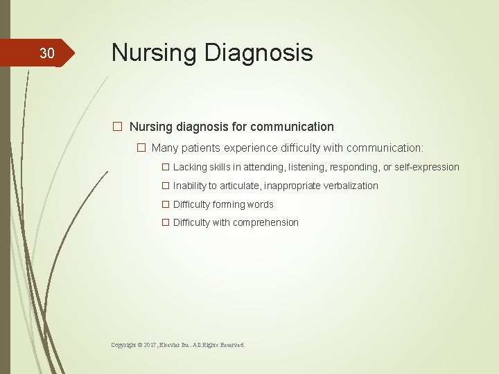 30 Nursing Diagnosis � Nursing diagnosis for communication � Many patients experience difficulty with