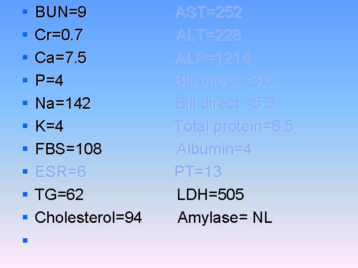 § § § BUN=9 Cr=0. 7 Ca=7. 5 P=4 Na=142 K=4 FBS=108 ESR=6 TG=62