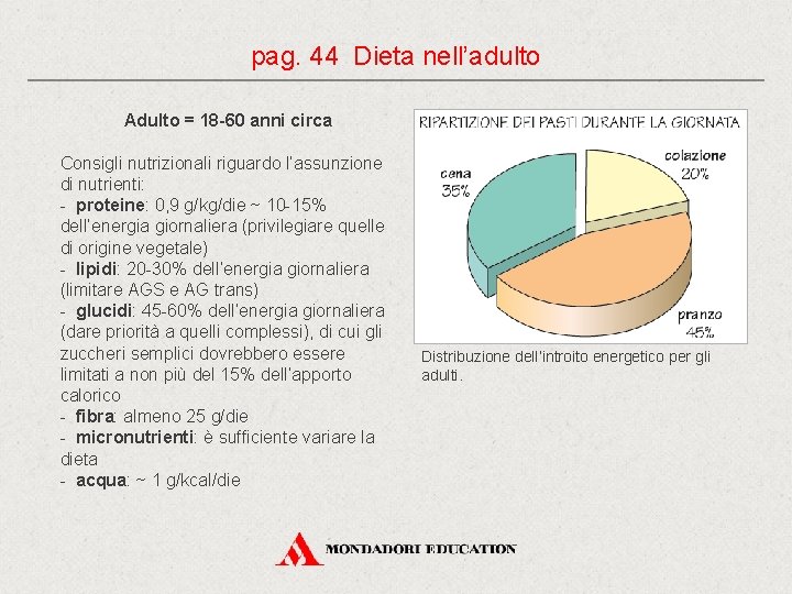 pag. 44 Dieta nell’adulto Adulto = 18 -60 anni circa Consigli nutrizionali riguardo l’assunzione pag. 44 Dieta nell’adulto Adulto = 18 -60 anni circa Consigli nutrizionali riguardo l’assunzione