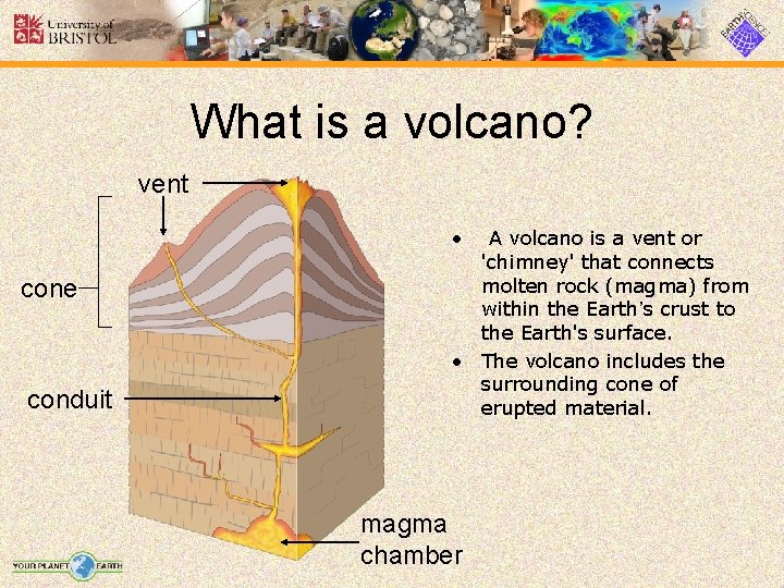 What is a volcano? vent • cone conduit A volcano is a vent or