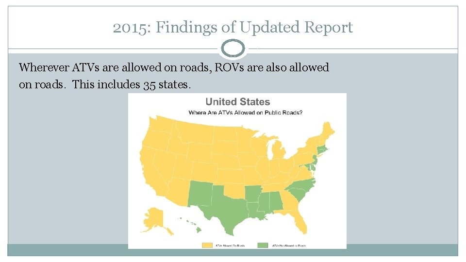 2015: Findings of Updated Report Wherever ATVs are allowed on roads, ROVs are also