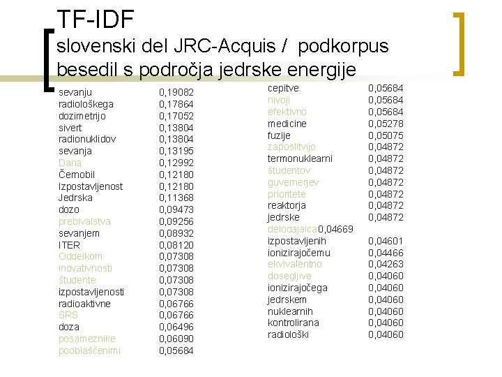TF-IDF slovenski del JRC-Acquis / podkorpus besedil s področja jedrske energije sevanju radiološkega dozimetrijo
