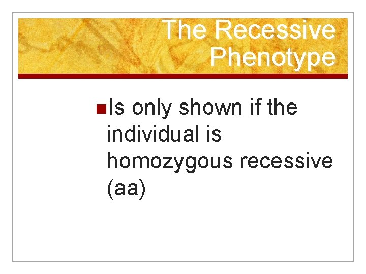 The Recessive Phenotype n. Is only shown if the individual is homozygous recessive (aa)