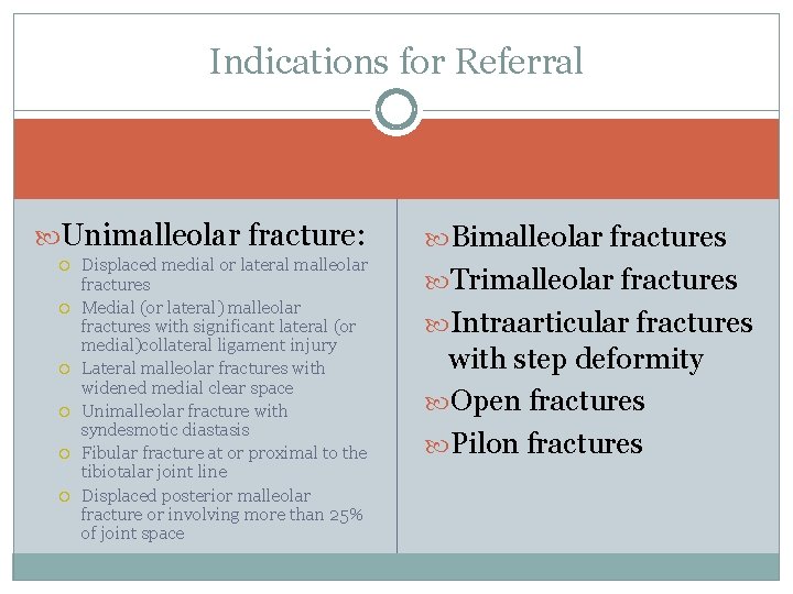 Indications for Referral Unimalleolar fracture: Displaced medial or lateral malleolar fractures Medial (or lateral)