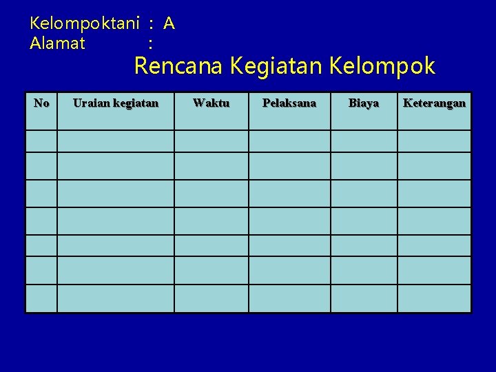 Kelompoktani : A Alamat : Rencana Kegiatan Kelompok No Uraian kegiatan Waktu Pelaksana Biaya