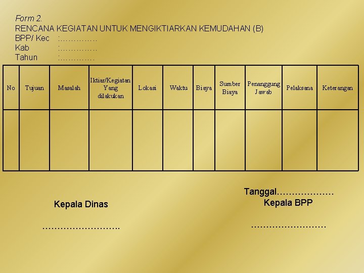 Form 2. RENCANA KEGIATAN UNTUK MENGIKTIARKAN KEMUDAHAN (B) BPP/ Kec : …………. . Kab Form 2. RENCANA KEGIATAN UNTUK MENGIKTIARKAN KEMUDAHAN (B) BPP/ Kec : …………. . Kab