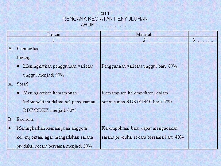 Form 1 RENCANA KEGIATAN PENYULUHAN TAHUN : ………………… Tujuan 1 Masalah 2 A. Komoditas