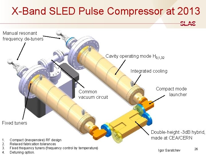 X-Band SLED Pulse Compressor at 2013 Manual resonant frequency de-tuners Cavity operating mode H X-Band SLED Pulse Compressor at 2013 Manual resonant frequency de-tuners Cavity operating mode H