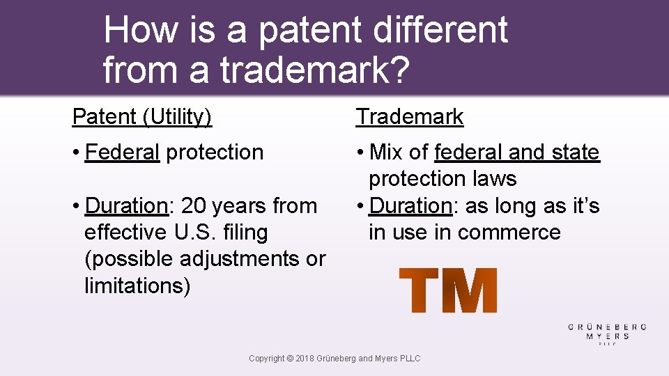 How is a patent different from a trademark? Patent (Utility) Trademark • Federal protection