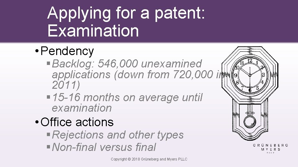 Applying for a patent: Examination • Pendency § Backlog: 546, 000 unexamined applications (down