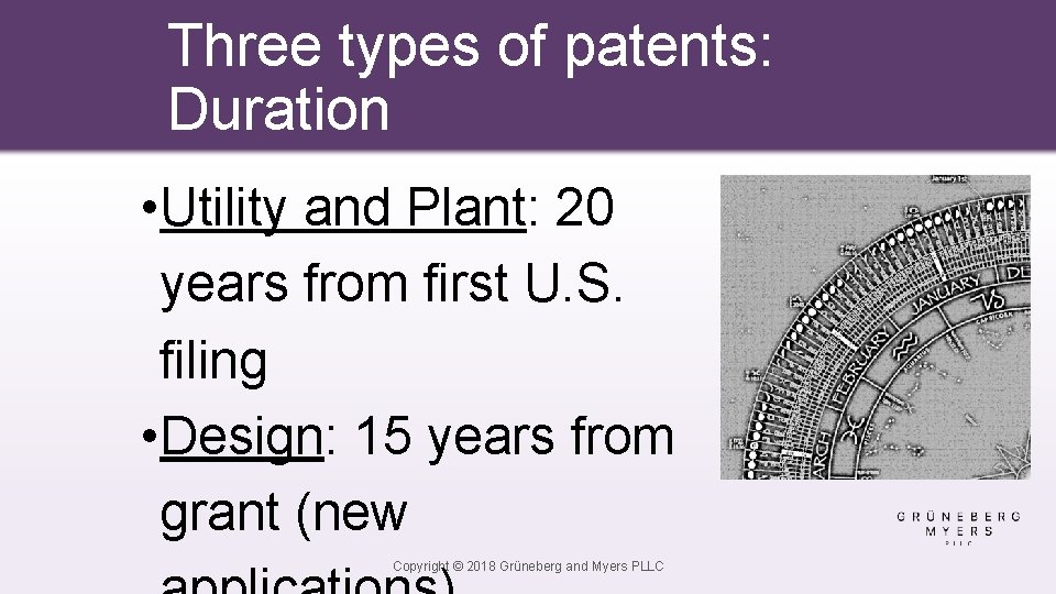 Three types of patents: Duration • Utility and Plant: 20 years from first U.