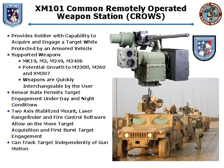 XM 101 Common Remotely Operated Weapon Station (CROWS) • Provides Soldier with Capability to