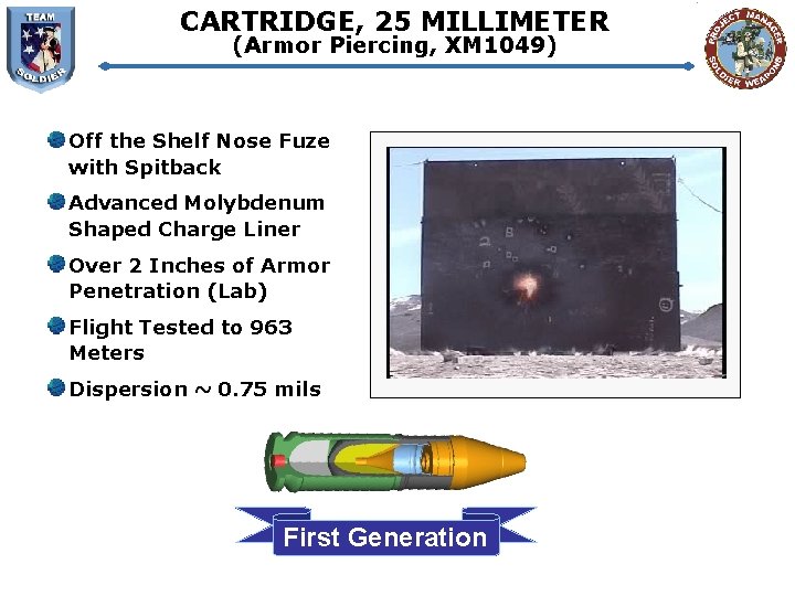 CARTRIDGE, 25 MILLIMETER (Armor Piercing, XM 1049) Off the Shelf Nose Fuze with Spitback