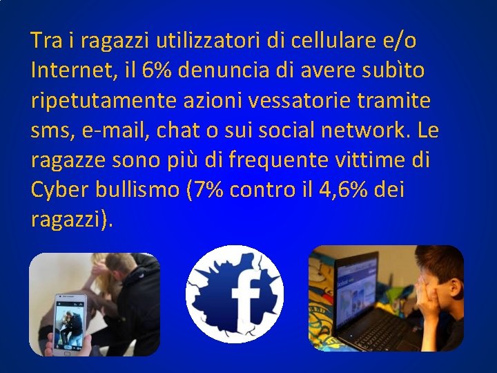 Tra i ragazzi utilizzatori di cellulare e/o Internet, il 6% denuncia di avere subìto Tra i ragazzi utilizzatori di cellulare e/o Internet, il 6% denuncia di avere subìto