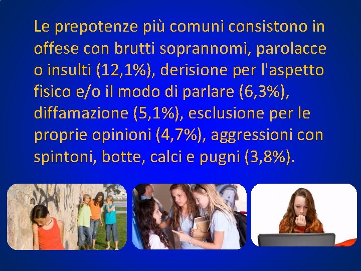 Le prepotenze più comuni consistono in offese con brutti soprannomi, parolacce o insulti (12, Le prepotenze più comuni consistono in offese con brutti soprannomi, parolacce o insulti (12,