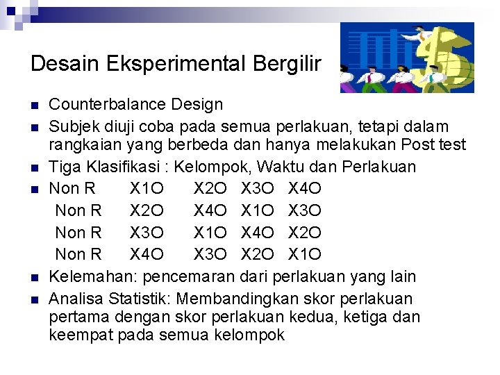 Desain Eksperimental Bergilir n n n Counterbalance Design Subjek diuji coba pada semua perlakuan,