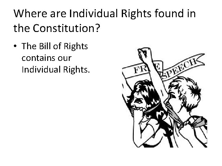 Where are Individual Rights found in the Constitution? • The Bill of Rights contains Where are Individual Rights found in the Constitution? • The Bill of Rights contains