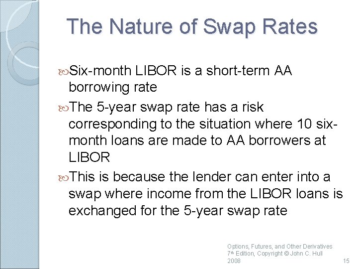 The Nature of Swap Rates Six-month LIBOR is a short-term AA borrowing rate The
