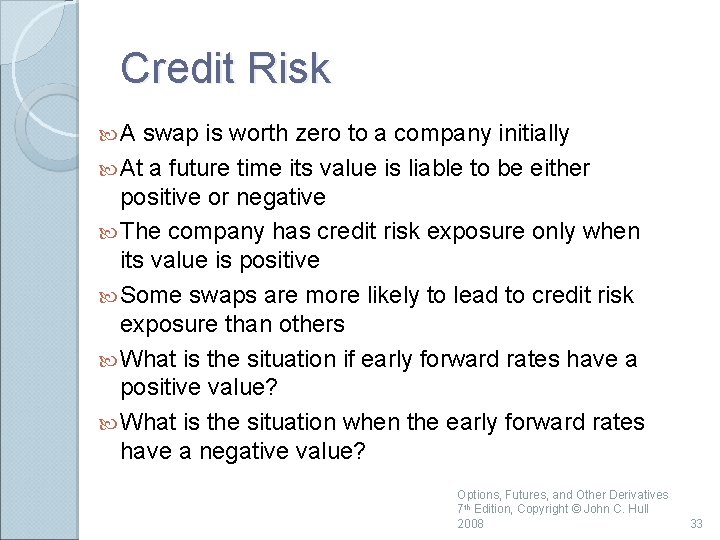 Credit Risk A swap is worth zero to a company initially At a future