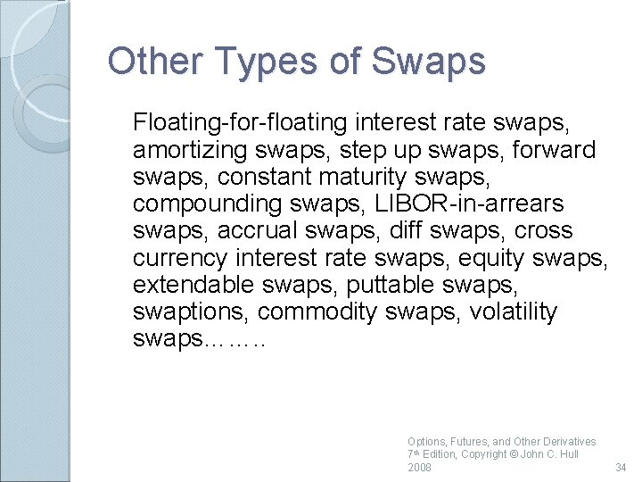 Other Types of Swaps Floating-for-floating interest rate swaps, amortizing swaps, step up swaps, forward