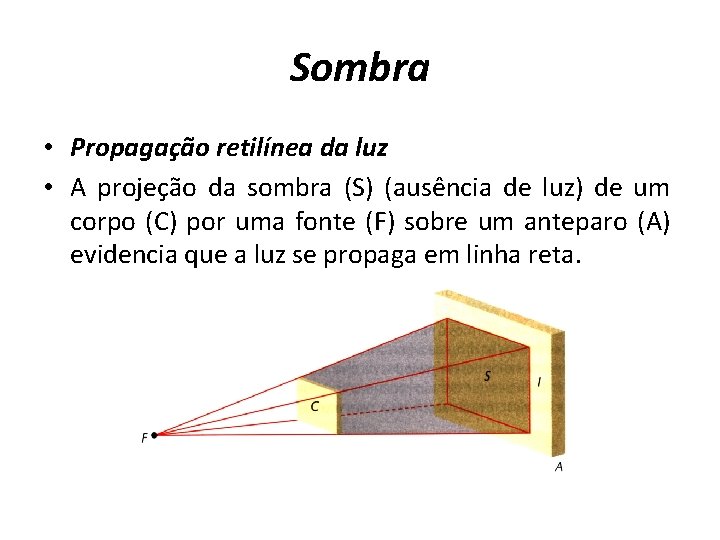 Sombra • Propagação retilínea da luz • A projeção da sombra (S) (ausência de