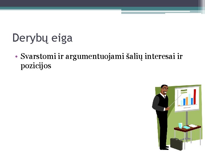 Derybų eiga • Svarstomi ir argumentuojami šalių interesai ir pozicijos 